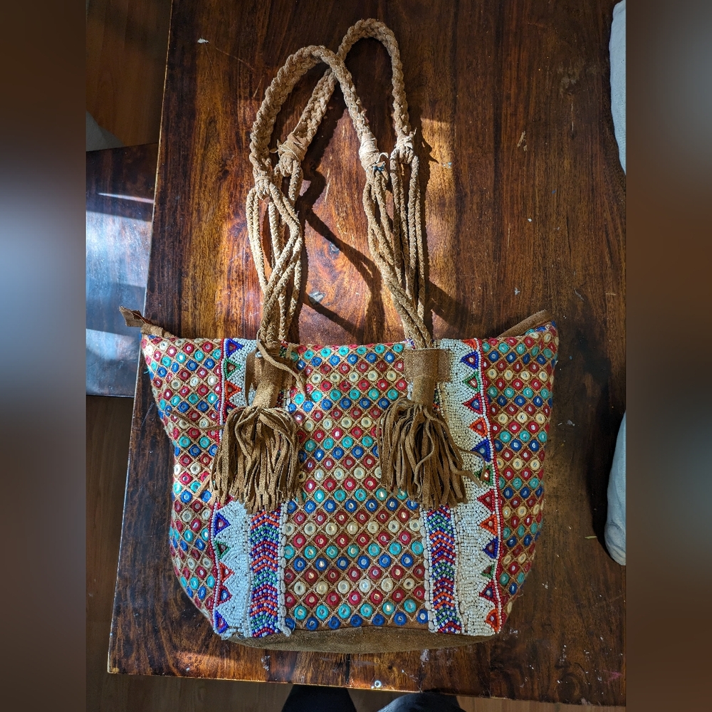 Large folk/bohemian bag, suede leather